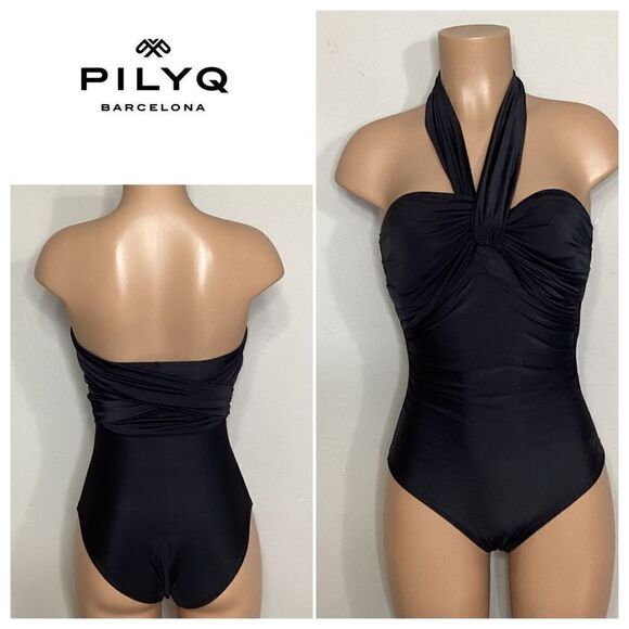 New. Pilyq black bandeau multi-way swimsuit with tummy control